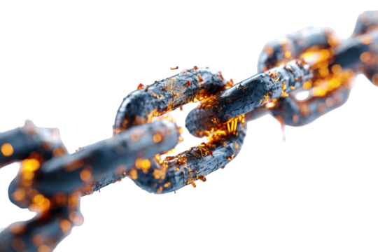 A metal chain link with fire and sparks