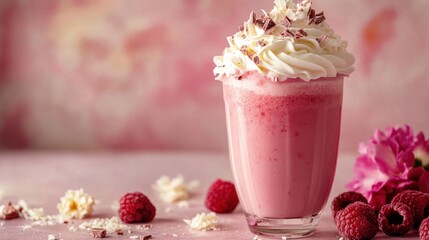 Pink milkshake with whipped cream and raspberries