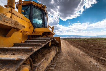 Obraz premium Yellow bulldozer on dirt road, cloudy sky