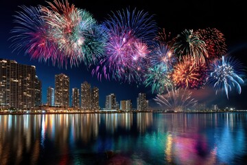 Dazzling fireworks display over a modern cityscape reflected in calm water at night