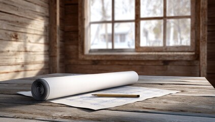 Rolled blueprints on a rustic wooden table in a sunlit cabin
