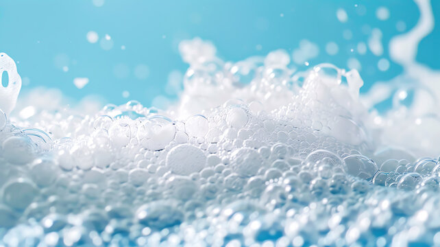 Bubbling Bliss: Captivating Close-Up of White Bubbles Against a Soft Blue Backdrop.