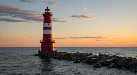 Naklejka premium Lighthouse at sunset over calm sea
