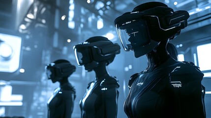 3D render showcases three humanoid figures in dark suits wearing reflective VR helmets within a futuristic,...