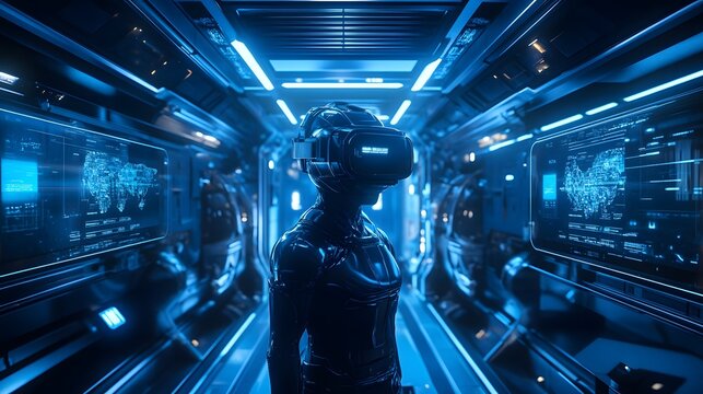 3D render of a figure wearing a VR headset in a futuristic, illuminated corridor.