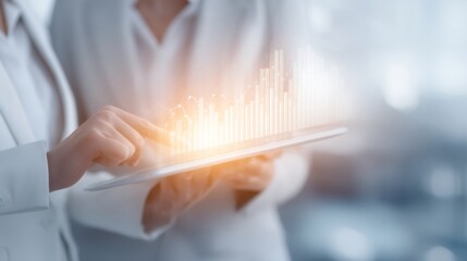 Corporate executives analyzing ESG report with sustainability graphs on digital tablet, captured from over the shoulder angle showing teamwork and collaboration.