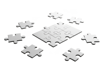 Scattered white puzzle pieces isolated on transparent background