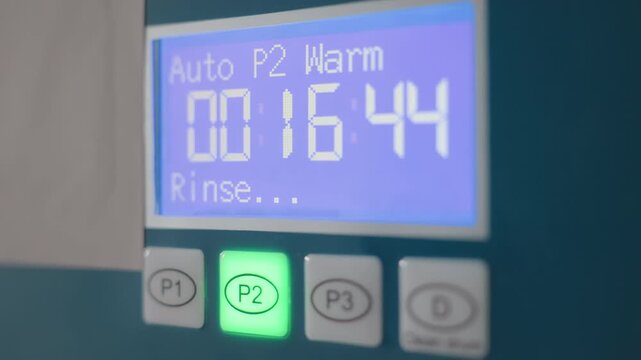 Close up laundry machine indicator with P2 green light, digital timer 00:16:45 warm rinse mode on control panel, illuminated button on stainless washer in laundromat, equipment, clear display UI
