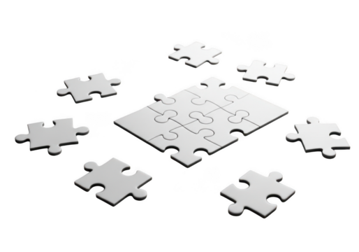 Scattered white puzzle pieces isolated on transparent background