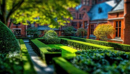 Formal garden, brick buildings, lush greenery
