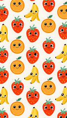 Happy Fruit Seamless Pattern: Cheerful Strawberries, Bananas, and Oranges; Cute Cartoon Style; Bright, Playful Mood.
