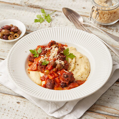 Polenta with tofu and tomato sugo