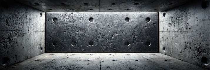 Gray concrete interior room with textured walls and recessed lighting