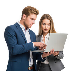 Obraz premium Business people working together on a laptop isolated on transparent background