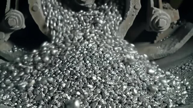 Close Up Production of Silver Ore in a Crushing Room Silver Pellets Pouring from an Industrial Machine Creating a Shimmering Heap Perfect for Decoration and Illustrating Mining Operation