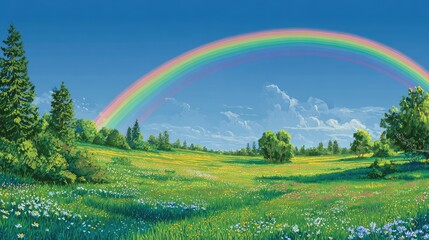 Naklejka premium Panoramic meadow landscape, vibrant colors, rainbow