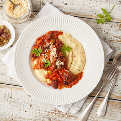 Polenta with tofu and tomato sugo