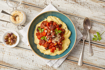 Polenta with tofu and tomato sugo