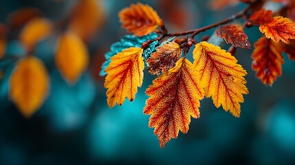 Autumn Leaves with Red Veins on a Branch Against a Teal Background fall tree