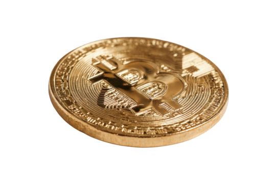 Golden Bitcoin coin angled, close-up