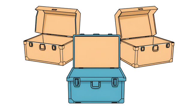 Despatch boxes - three different packing cases with open lid - vector illustration on white background.