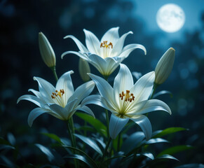 Obraz premium Moonlight Serenade Elegant White Lilies in the Night Garden