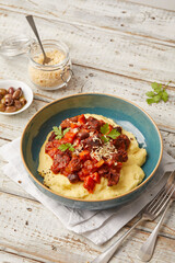 Polenta with tofu and tomato sugo