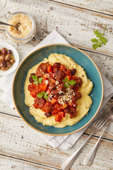 Polenta with tofu and tomato sugo