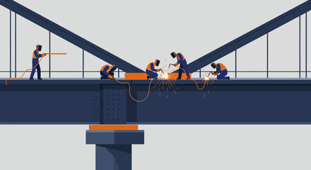 Construction Workers Welding Steel Bridge Structure Illustration.