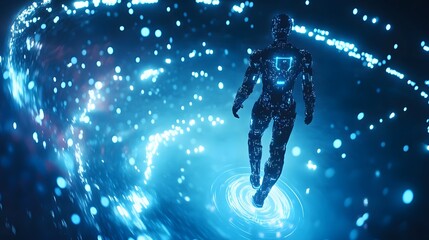 3D render of a dark humanoid figure traversing a swirling, luminous blue field.