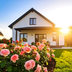 Modern house with pink roses at sunset