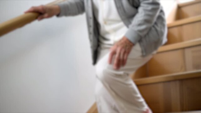 ぼかし背景素材: 膝をさすりながらゆっくりと慎重に階段を降りる高齢者  膝の痛みとシニアライフ