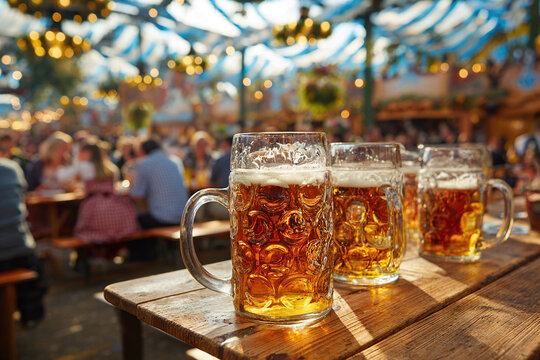 Three mugs of light beer stand on a wooden table under an awning. Beer and folklore festival. Oktoberfest