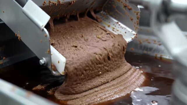 Close Up Production of Tamarind Paste Filtering Process Showcasing Thick Brown Paste Flowing from Machine into Reservoir in Food Industry with Natural Ingredients and Eye Level View