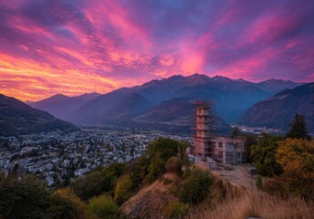 Sunset over alpine city, construction site