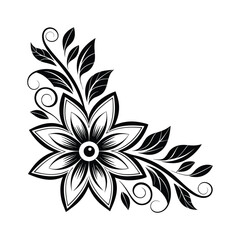 Elegant hand drawn black and white floral corner design with delicate petals swirling leaves and decorative scrollwork for borders and embellishments