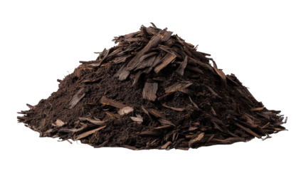 Pile of dark brown wood chips and soil