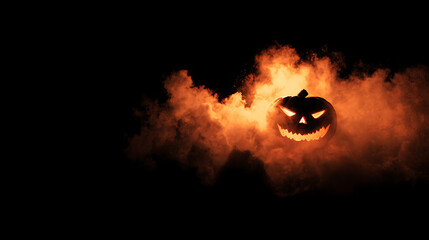 Fototapeta premium Spooky Halloween pumpkin glowing amidst eerie orange smoke in a dark atmosphere