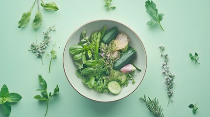 Photograph of a ceramic bowl filled with fresh herbs, asparagus, and a cucumber on a pale green background.