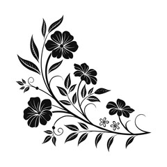 Elegant black and white floral corner design with delicate blooming flowers and swirling leaves creating a vintage decorative element for invitations and borders