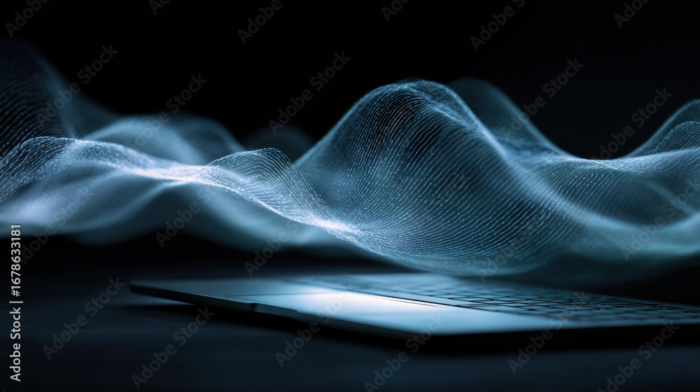 Wall mural laptop with glowing waves of digital data flowing above it creates captivating visual of technology 