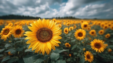 Fototapeta premium Expansive sunflower field with clear sky above, bright yellow blossoms covering farmland, wide farm landscape, serene and natural rural scene, agricultural beauty in summer.