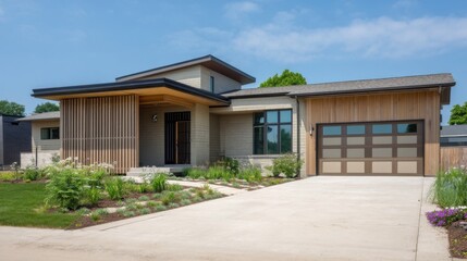 A contemporary modern house with clean lines, large windows,