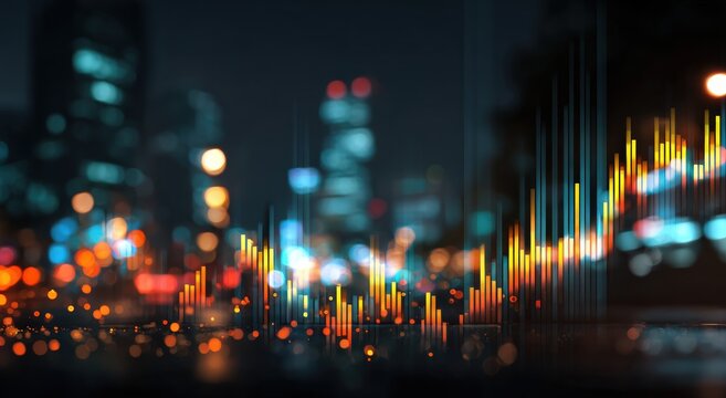 Abstract city skyline at night overlaid with data visualizations