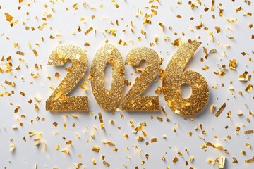 celebration 2026 background, soft gold confetti and elegant typography on clean white background, premium festive style