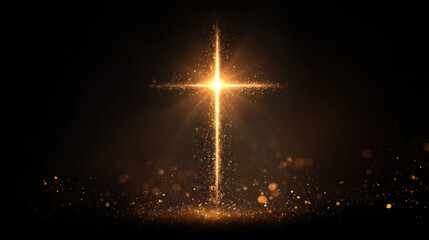 Glowing golden cross shines brightly against dark background, surrounded by sparkling particles that create sense of reverence and spirituality. image evokes feelings of hope and faith