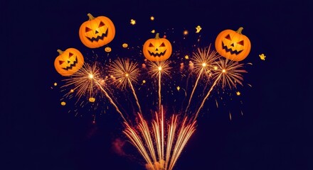 Halloween night sky with festive fireworks and carved pumpkins for spooky celebrations