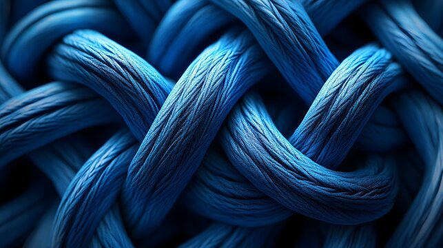 Photograph of intertwined blue yarn creating a complex, looping texture.