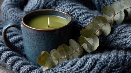 Teal mug candle, knit blanket, eucalyptus