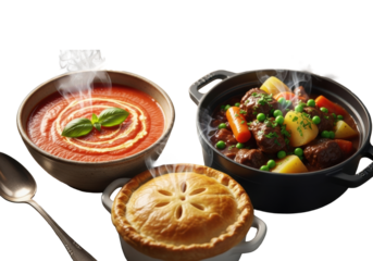 Steaming tomato soup, beef stew, and chicken pot pie, artfully arranged on distressed wood with bokeh background, text 'Soups, Stews & Savory Pies', inviting rustic culinary comfort.